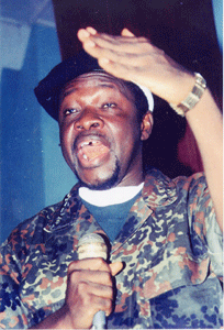 The self-style five star General Alhaji Kromah, leader of the ULIMO-K rebel movement, is seeing here defending his ULIMO movement at a mass gathering in Monrovia, the war-torn Liberian capital. Photo © by James Fasuekoi.